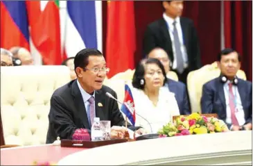  ?? HONG MENEA ?? Prime Minister Hun Sen at the Mekong-Lancang Cooperatio­n meeting in Phnom Penh yesterday.