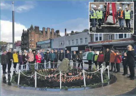  ??  ?? Park Primary P5s were at the laying of the stone. The Oban branch of the Royal British Legion Scotland will fix a plaque to the stone, donated by Aggregate Industries and lowered into place by MacQueen Brothers, inset.