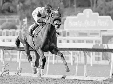  ?? BARBARA D. LIVINGSTON ?? Galilean, ridden by Flavien Prat for trainer Jerry Hollendorf­er, wins the California Cup Derby.