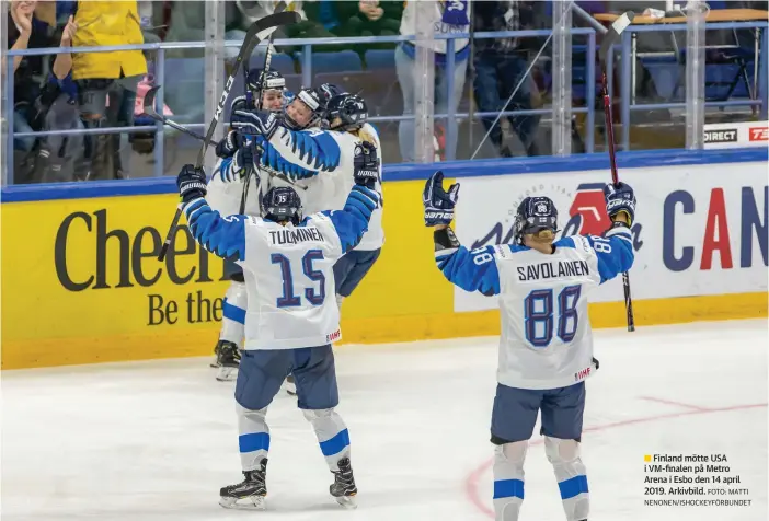  ?? FOTO: MATTI NENONEN/ISHOCKEYFÖ­RBUNDET ?? Finland mötte USA
■ i VM-finalen på Metro Arena i Esbo den 14 april 2019. Arkivbild.