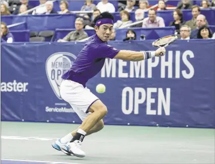  ?? PHOTOS BY BRAD VEST / THE COMMERCIAL APPEAL ?? Top-seeded Kei Nishikori returns during his 6 -2, 6 -4 victor y Friday night against Mikhail Kukushkin, which sent the three-time defending champ into a semifinal Saturday night against Sam Querrey in the Memphis Open at The Racquet Club. “Ever ything was working well with my ser ve,” Nishikori said.