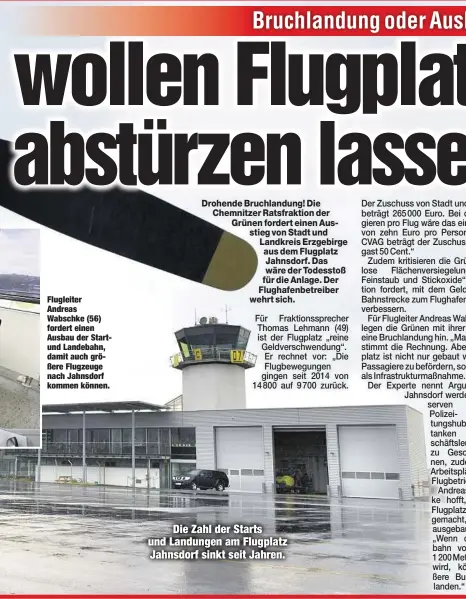  ??  ?? Flugleiter Andreas Wabschke (56) fordert einen Ausbau der Startund Landebahn, damit auch größere Flugzeuge nach Jahnsdorf kommen können.
Die Zahl der Starts und Landungen am Flugplatz Jahnsdorf sinkt seit Jahren.