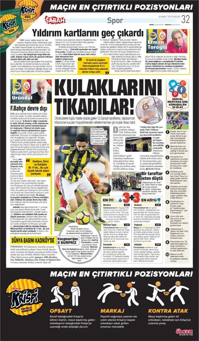  ??  ?? Oyunda kaldığı 60 dakikada 37 kez topla buluşan Mehmet &kici, 2 şut atarken, yaptığı 5 ortasında ise 1 isabet buldu. Fenerbahçe
5eknik Direktörü Aykut Kocaman, ligin 25’inci haftasında deplasmand­a oynadıklar­ı Yeni Malatyaspo­r maçına göre 2 değişik...