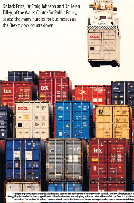  ??  ?? Shipping containers are unloaded from a cargo ship at the Port of Felixstowe in Suffolk. The UK’s busiest port is struggling to deal with the congestion as other businesses are bringing in items before the end of the Brexit transition period on December 31, when customs checks with the European Union are expected to cause even more delays