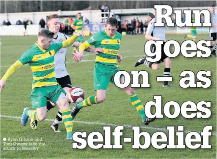  ??  ?? Ryan Gibson and Tom Owens take the attack to Mossley