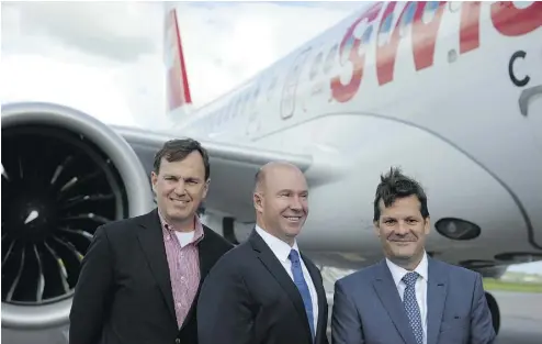  ?? CLEMENT SABOURIN / AFP / GETTY IMAGES ?? From left: Bombardier president Fred Cromer, CEO Alain Bellemare and board chairman Pierre Beaudoin, with a CS100 in Mirabel, Que., last year. Company executives long ago saw an unmet opportunit­y as recipients for government­s desperate to splash out...