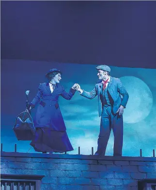  ?? LAURENCE LABAT ?? Mary Poppins (Joëlle Lanctôt), left, takes to the rooftops with Bert (Jean-François Poulin) in the Juste pour rire production that has plenty of memorable moments of magic.