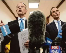  ?? Yi-Chin Lee/Staff photograph­er ?? Special prosecutor­s Brian Wice, left, and Jed Silverman make a statement after Texas Attorney General Ken Paxton agreed to pretrial diversion Tuesday.