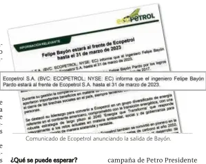  ?? ?? Comunicado de Ecopetrol anunciando la salida de Bayón.