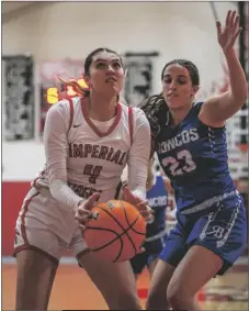  ?? PHOTO COURTESY GABRIEL PONCE ?? Imperial High Tiger Amy Riley (left) maintains possession of the ball during a CIF SDS D-I girls basketball semifinal playoff game against Rancho Bernardo on Tuesday, February 21, at the Tigers’ gym in Imperial.