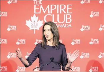  ?? CP PHOTO ?? Caroline Mulroney, Attorney General of Ontario, addresses the Empire Club of Canada regarding the federal legalizati­on of cannabis in Toronto on Tuesday.