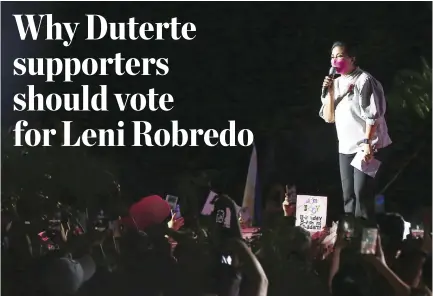  ?? PHILIPPINE STAR/MIGUEL DE GUZMAN ?? SUPPORTERS of Presidenti­al aspirant Vice-President Leni Robredo attend the grand campaign rally along Diosdado Macapagal Blvd. in Pasay City on April 23.