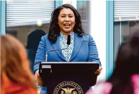  ?? Jessica Christian/The Chronicle ?? San Francisco Mayor London Breed announces her proposed budget investment­s to increase housing, shelter and prevention services on Tuesday.