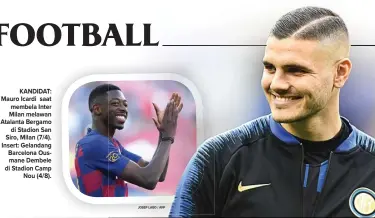  ?? JOSEP LAGO / AFP MIGUEL MEDINA/AFP ?? KANDIDAT: Mauro Icardi saat membela Inter Milan melawan Atalanta Bergamo di Stadion San Siro, Milan (7/4). Insert: Gelandang Barcelona Ousmane Dembele di Stadion Camp Nou (4/8).