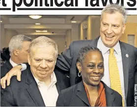  ??  ?? IN THE FAMILY: Hotel-workers union head John Wilhelm attends a 2014 event with Mayor de Blasio, who is his cousin, and First Lady Chirlane McCray.