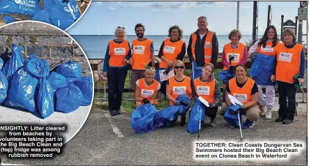  ?? ?? UNSIGHTLY: Litter cleared from beaches by volunteers taking part in the Big Beach Clean and (top) fridge was among rubbish removed
TOGETHER: Clean Coasts Dungarvan Sea Swimmers hosted their Big Beach Clean event on Clonea Beach in Waterford