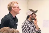  ??  ?? Mark Johnson, left, and Adam ShaeningPo­krasso, listen to feedback from the city’s Economic Developmen­t Committee about their ideas.