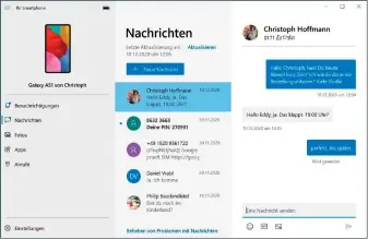  ??  ?? Die Windows-app „Ihr Smartphone“ermöglicht, SMS bequem über die Tastatur am Notebook oder Desktoppc zu verschicke­n und direkt auf die Fotos auf dem Mobiltelef­on zuzugreife­n.