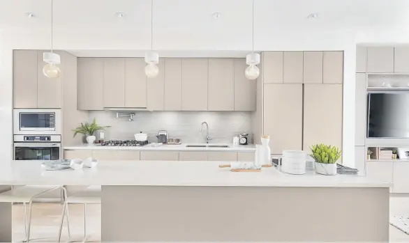  ?? SUPPLIED ?? Dwell24 kitchens are fitted with polished quartz countertop­s, penny-round tile backsplash­es, oversized islands and European-inspired flat-panelled cabinetry with soft-close hardware.