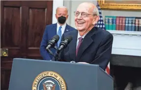  ?? ANDREW HARNIK/AP ?? Supreme Court Associate Justice Stephen Breyer, with President Joe Biden, announces his retirement Thursday.