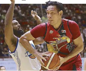  ?? PBA IMAGE ?? San Miguel Beerman June Mar Fajardo keeps Moala Tautuaa of TNT KaTropa at bay as he drives to the basket in their game at the University of San Agustin, Iloilo City yesterday.