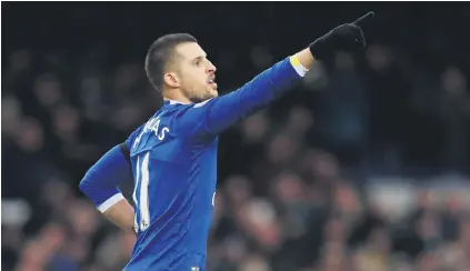  ?? Picture: Reuters ?? BODY BLOW. Everton’s Kevin Mirallas celebrates after scoring their second goal against Manchester City in the English Premier League at Goodison Park yesterday.