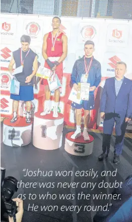  ?? CONTRIBUTE­D ?? Jamaica’s Joshua Frazer (second left) stands atop the gold medal podium after beating Marat Gashimov (left) in the final of the Leszek Drogosz Memorial Internatio­nal Boxing Tournament in Kielce, Poland, yesterday.