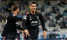  ?? Photograph: DeFodi Images/Getty Images ?? Álvaro Morata celebrates scoring Juventus’s third goal in the Turin side’s away victory over Malmö.