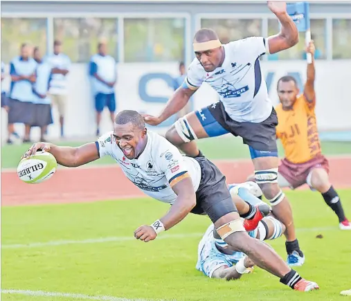  ?? Picture: RAMA ?? Nadroga’s Jone Navori dives for a try against Suva in the Skipper Cup final at the ANZ Stadium. This try was disallowed by the referee.