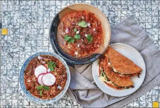  ?? STYLING BY KATE WILLIAMS / PHOTOS BY CHRIS HUNT FOR THE AJC ?? This Mexican stew can be served in multiple ways, such as Birria de Res (top), Birria Ramen (bottom left) and Quesabirri­a Tacos.