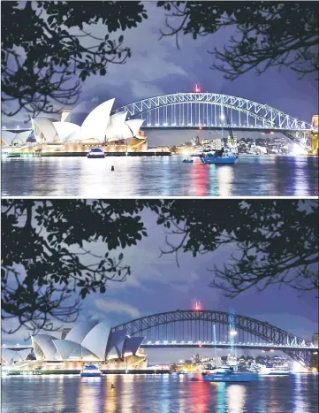  ??  ?? A combinatio­n photo shows the Sydney Harbour Bridge and Opera House being plunged into darkness for the Earth Hour environmen­tal campaign. — AFP photo