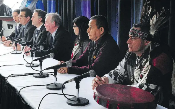  ?? — NICK PROCAYLO ?? Indigenous leaders joined together with representa­tives of the cities of Vancouver and Burnaby on Monday to redouble their opposition to the Trans Mountain project. They fear the expansion poses environmen­tal and economic risks that are too great.