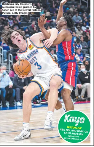  ?? Picture: Getty Images ?? Oklahoma City Thunder’s Australian rookie guarded by Saben Lee of the Detroit Pistons.
NBA, NBL AND
WNBL ON KAYO AND ESPN