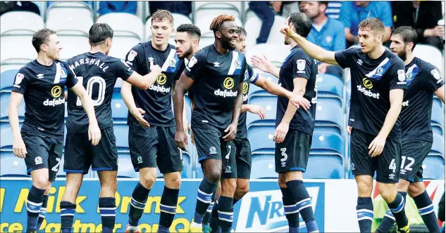  ?? PICTURES: Action Images ?? LEVEL HEADED: Blackburn Rovers striker Sam Gallagher, third from left, celebrates scoring their equaliser with 17 minutes to go