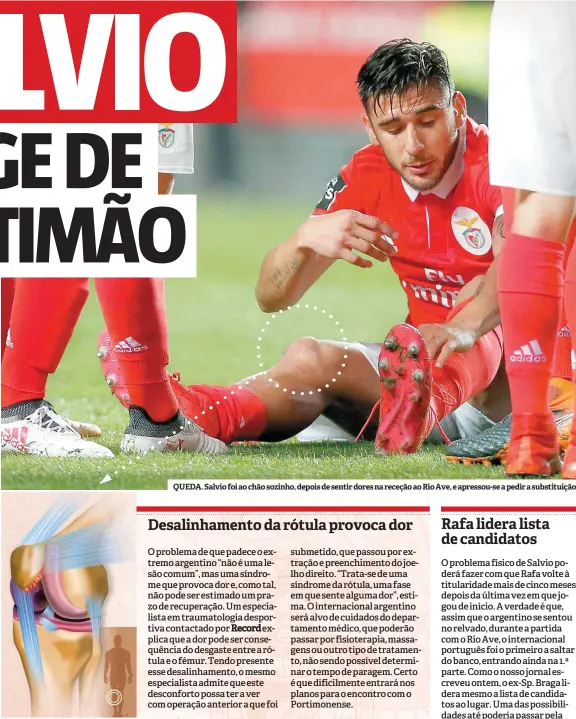  ??  ?? QUEDA. Salvio foi ao chão sozinho, depois de sentir dores na receção ao Rio Ave, e apressou-se a pedir a substituiç­ão