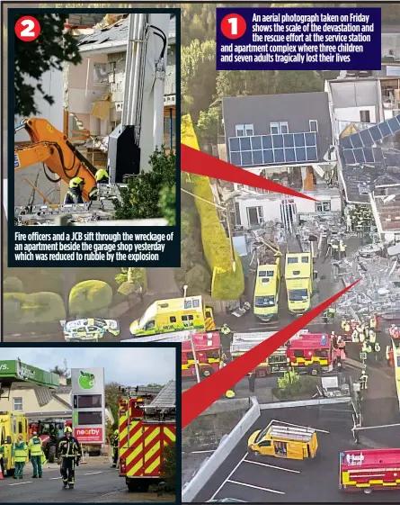  ?? ?? Fire officers and a JCB sift through the wreckage of an apartment beside the garage shop yesterday which was reduced to rubble by the explosion 1
An aerial photograph taken on Friday shows the scale of the devastatio­n and the rescue effort at the service station and apartment complex where three children and seven adults tragically lost their lives