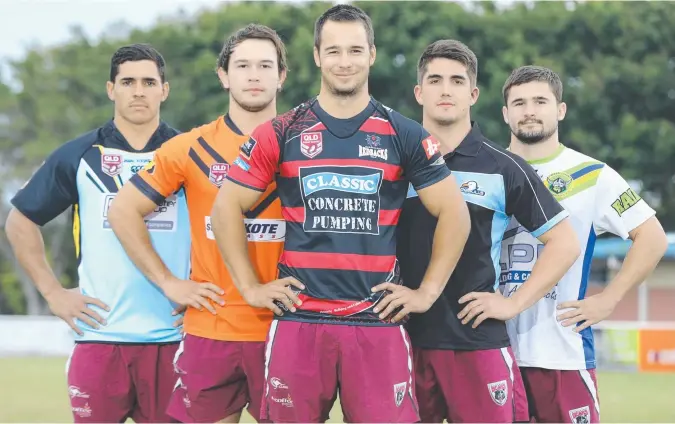  ?? Picture: GLENN HAMPSON ?? Burleigh bears stars Jamal Fogarty, Kurtis Rowe, Hayden Schwass, Olly Regan and Cameron Cullen proudly show off their junior rugby league ties here on the Coast.