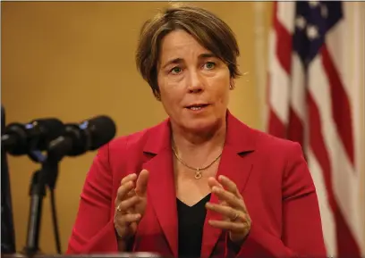  ?? NANCY LANE — BOSTON HERALD ?? Gov. Maura Healey talks to reporters inside the State House after meeting with legislativ­e leaders on Monday, June 5, 2023.