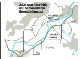  ??  ?? Aberfeldy A827 Cultullich Burn Cultullich crossing River Tay A827
NA827 near Aberfeldy will be closed from the end of August