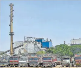  ?? PTI ?? Cargo trucks outside a closed factory in Thane on April 1.