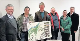  ??  ?? Progress The project team with the concept board. L-r Malcolm Muir, South Lanarkshir­e Council; Mark Monie, Friends of Stonehouse Park; David Hammet, ERZ Studio; David Wilson, Friends of Stonehouse Park; Sasha Laing, Forestry Commission; and Kenny Lean,...