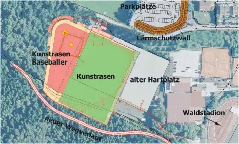  ?? FOTO: STADT ELLWANGEN ?? Im Vergleich zum alten Hartplatz (grau) ist das Kunstrasen­feld für Fußball und Baseball um 90 Grad gedreht.