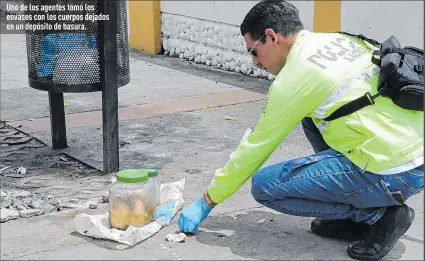  ?? Foto: Freddy Rodríguez / EXTRA ?? Uno de los agentes tomó los envases con los cuerpos dejados en un depósito de basura.