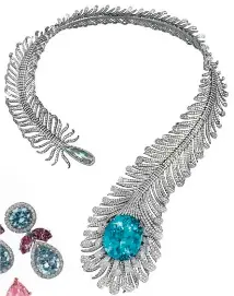  ??  ?? Clockwise from far left: Tamara Moussaieff; earrings set with 7.60 carats of fancy blue diamonds, and a 2.05 carats of fancy pink diamonds; titanium diamond Feather necklace with a 57.21-carat paraiba tourmaline and 3.29-carat diamond; the famous...