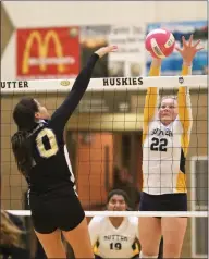  ?? Appeal file photo ?? The Huskies’ Mikenzi Johnson records a block during Sutter’s NSCIF Division IV playoff game against Willows on Oct., 2019.