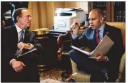  ?? ERIN SCHAFF / THE NEW YORK TIMES ?? Reps. Adam Schiff, D-Calif., and Hakeem Jeffries, D-N.Y., and other House impeachmen­t managers meet before the start of the day’s proceeding­s in the Senate trial of President Donald Trump.