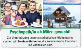  ??  ?? Anzeige mit einer Prise Humor: Das Gipfelhaus Magdalensb­erg sucht Personal.