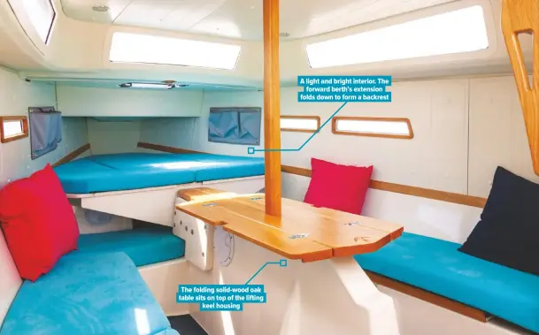  ??  ?? The folding solid-wood oak table sits on top of the lifting keel housing A light and bright interior. The forward berth’s extension folds down to form a backrest