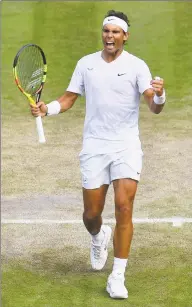  ?? Glyn Kirk / AFP / Getty Images ?? Spain’s Rafael Nadal celebrates after beating US player Sam Querrey during their quarterfin­al match at Wimbledon on Wednesday.