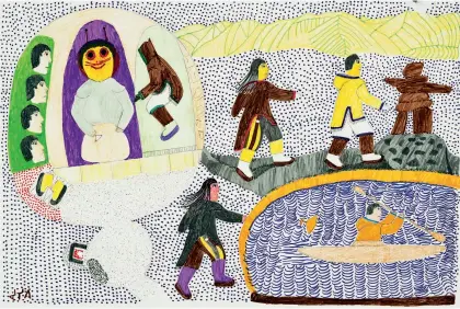  ?? COURTESY WINNIPEG ART GALLERY PHOTO SERGE GUMENYUK ?? RIGHT
Mary Yuusipik Singaqti (1936–2017 Qamani’tuaq) —
Kiviuq and the Bee Woman 2009–13
Coloured pencil, felt-tip pen and graphite
38.5 × 56.7 cm